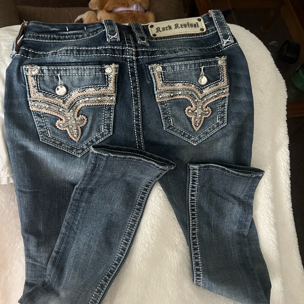Rock Revival Blue Boot Cut Jeans with Distressed Look
